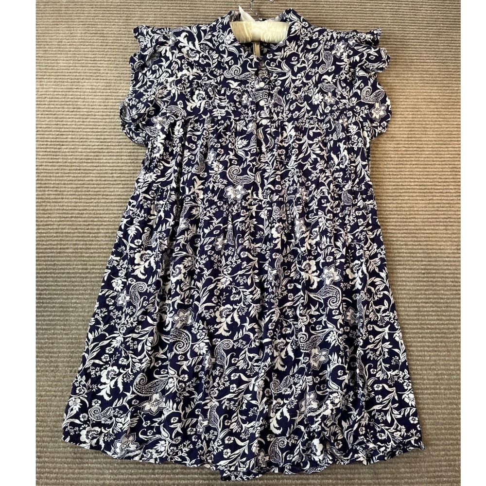 Anthropologie Navy Blue Floral Paisley Collared Ruffle Mini Dress Sz S Babydoll